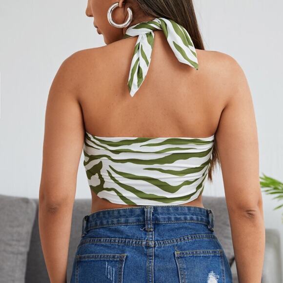 Shein Lime Green + White Wrap Front Swirly Zebra Y2k Wrap Top Crop Top - Picture 2 of 6
